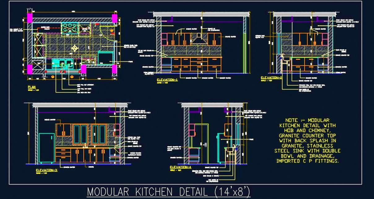 14'x8' Kitchen Layout CAD- Hob, Chimney, Sink, and Storage Details